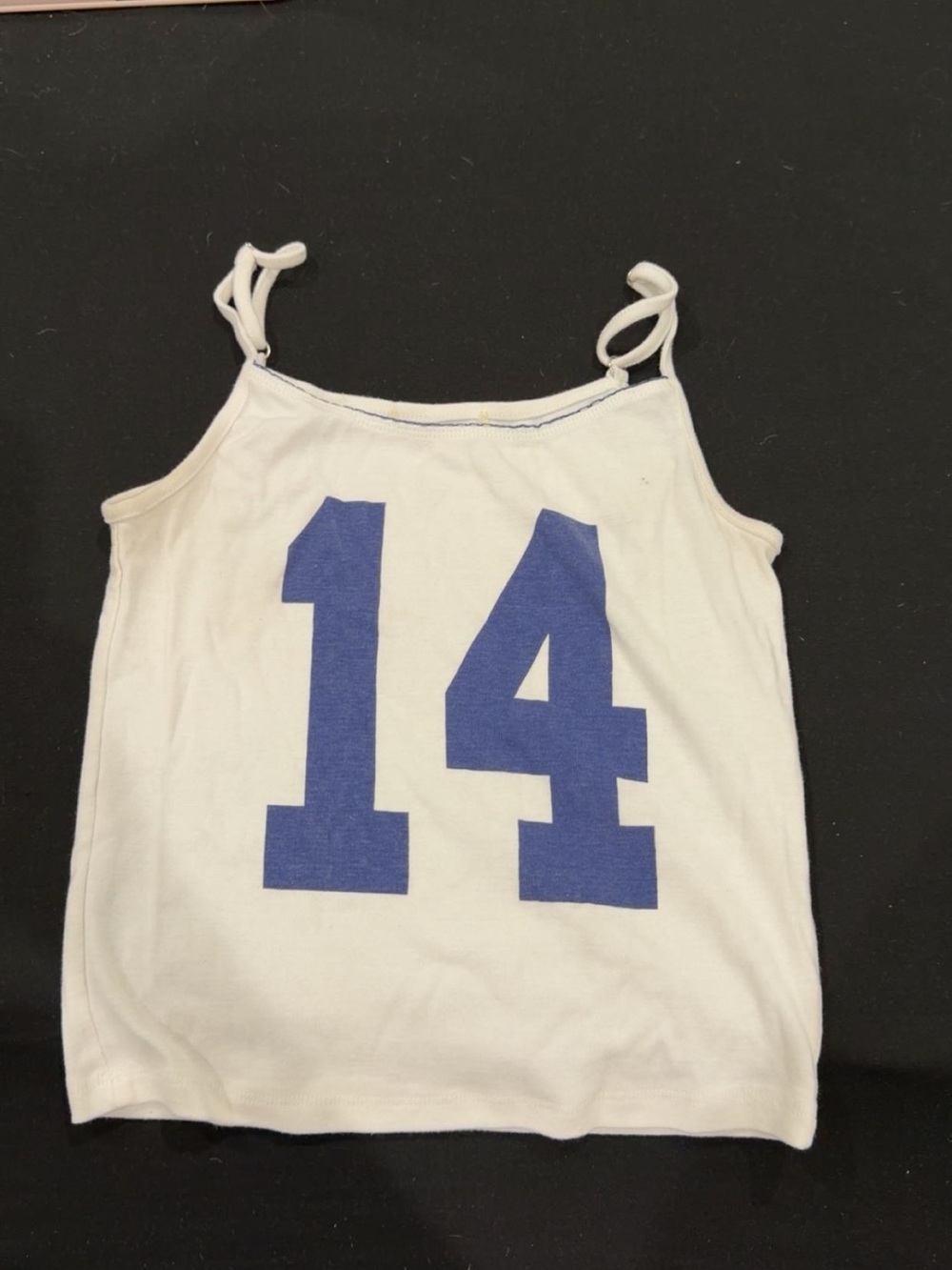 White Kids Tank Top with Blue '14' Graphic